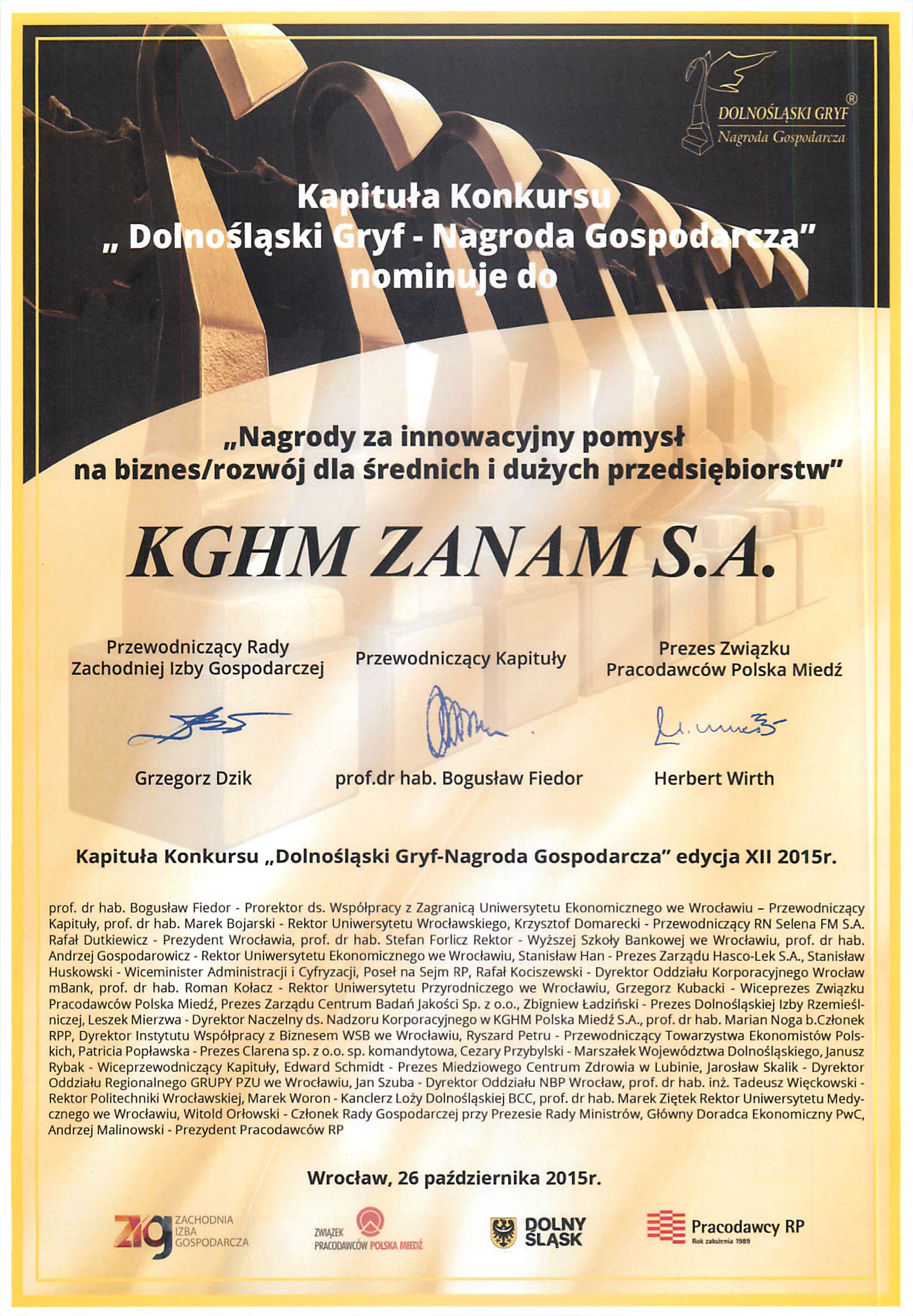 KGHM ZANAM: Statuetka „Gryfa” dla spółki