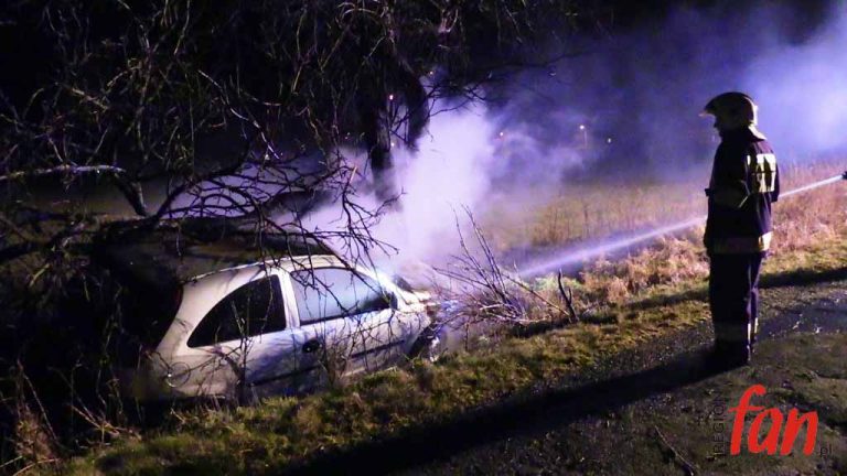 Rozbity na drzewie opel stanął w płomieniach (FOTO, WIDEO)