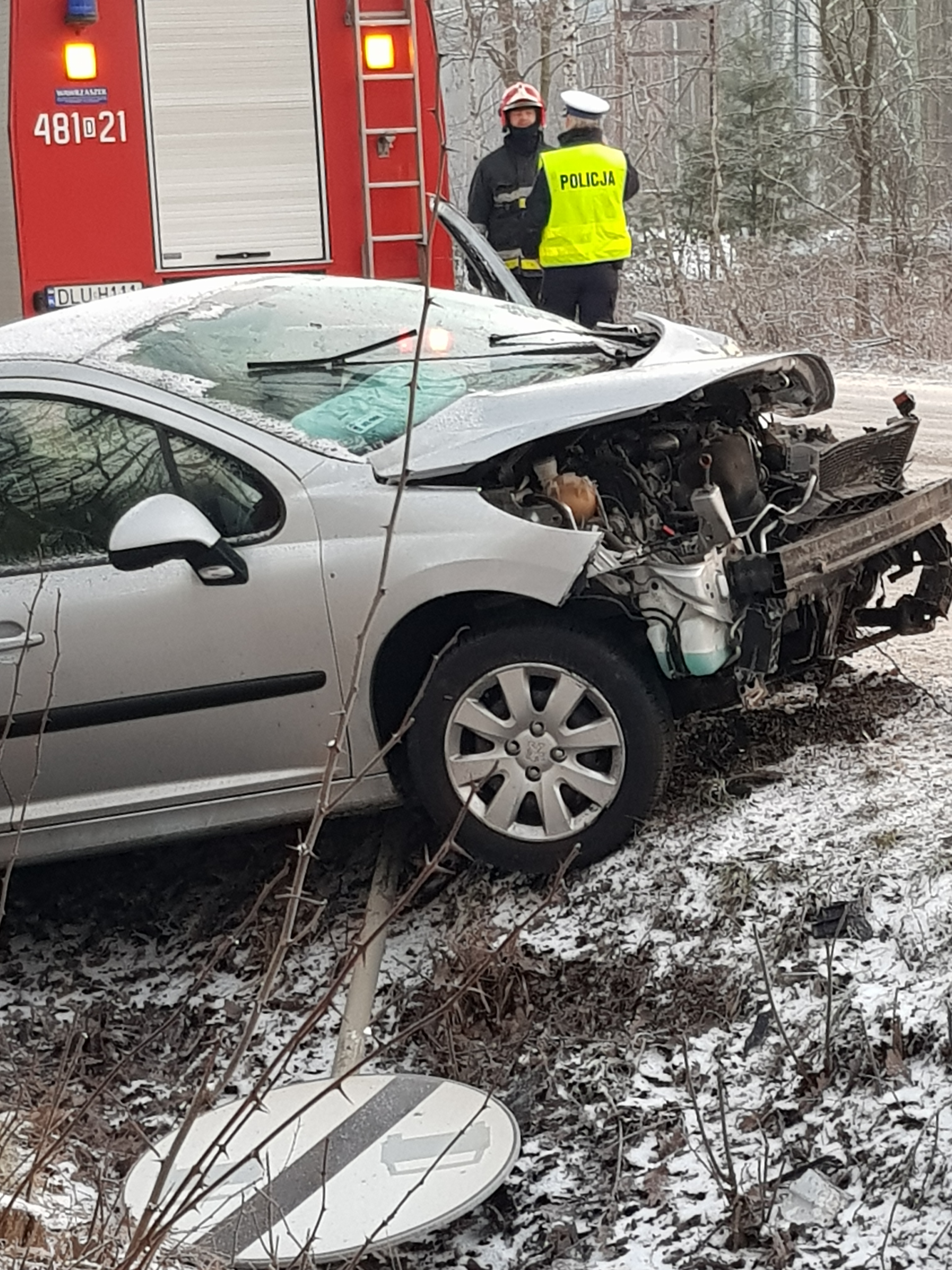 Wpadła w poślizg i staranowała znak drogowy